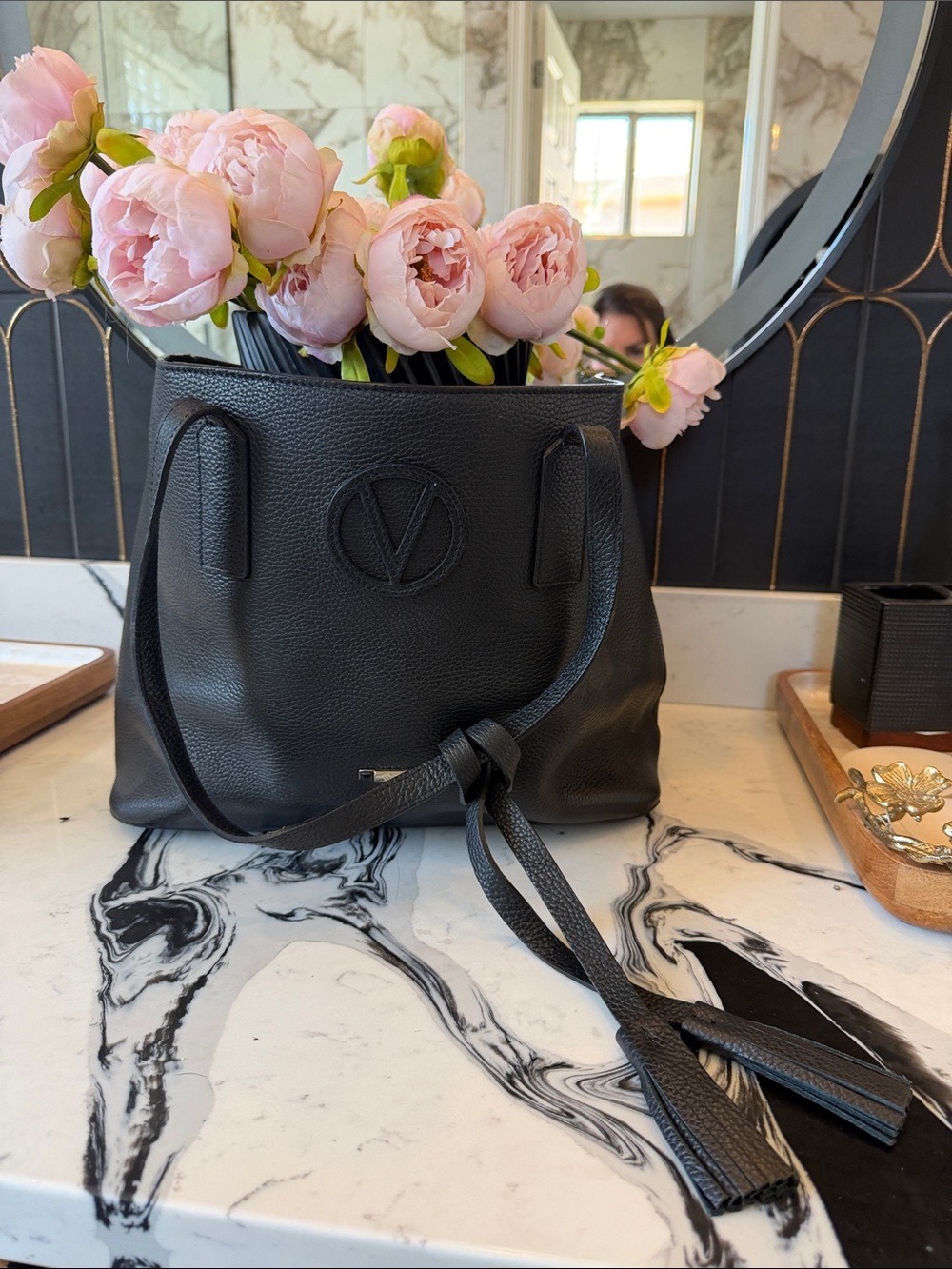 Valentino Black Pebbled Leather Tote with Tassel Straps